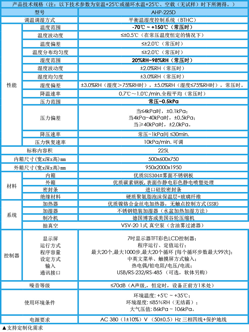 低氣壓試驗(yàn)箱 225L參數(shù)